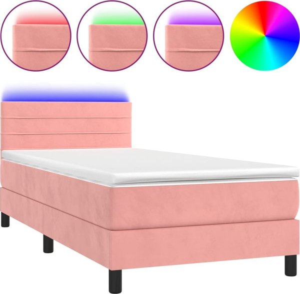 vidaXL Κρεβάτι Kontynental με Στρώμα και LED, Ροζ Βελούδο 90x190 cm