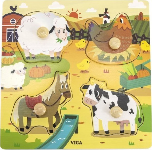 Viga Toys VIGA Drewniane Puzzle z Pinezkami Farma 12m+