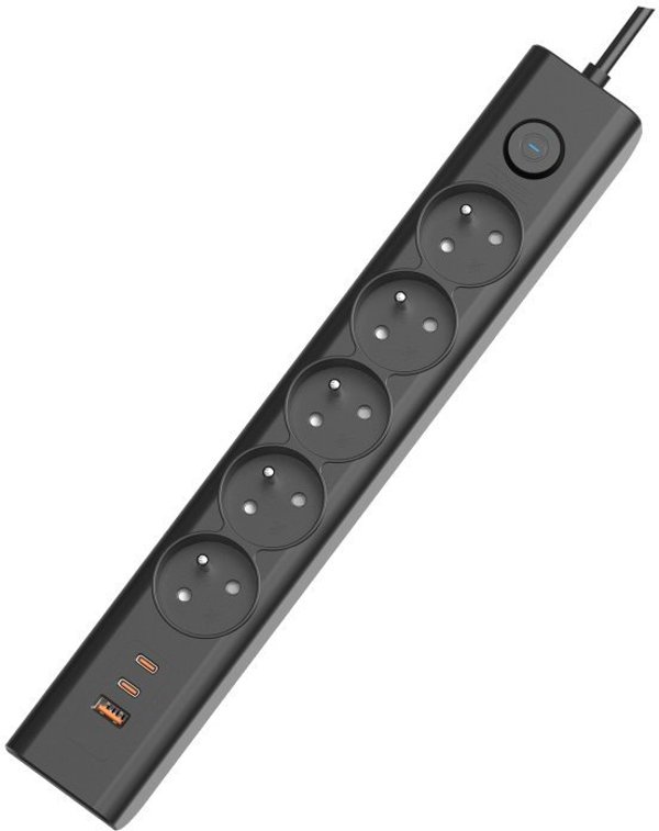 Viking Viking síťová prodlužovací zásuvka YC53, 5x AC 230V, 1x USB-A, 2x USB-C, délka 1,5 m, černá