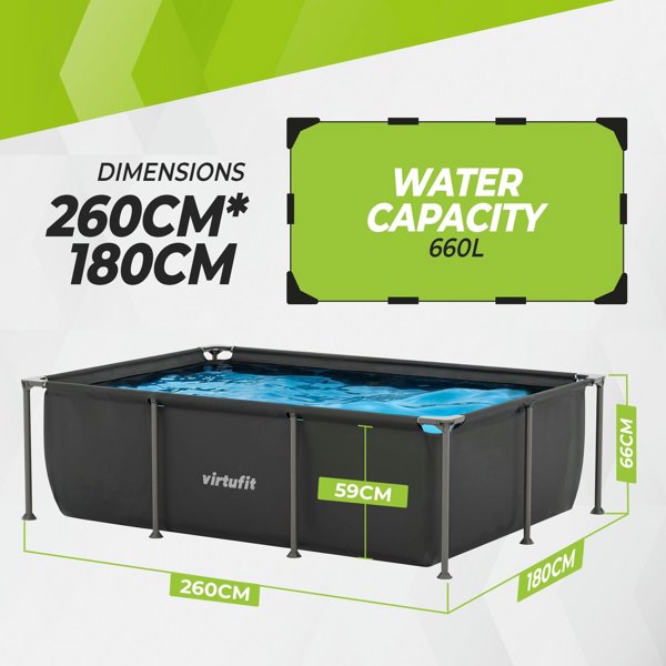 Virtufit VIRTUFIT ορθογώνια πισίνα 260 x 180 CM με αντλία φιλτραρίσματος ανθρακί
