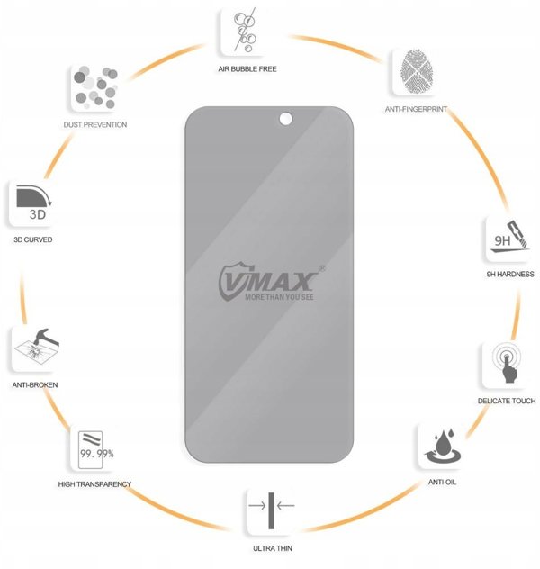 Vmax tempered glass 0.33mm 2,5D high clear privacy glass for iPhone 16 Plus 6,7" 6976757303968