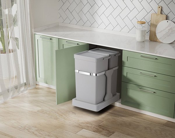 Waste bin, EKO, grey, plastic/steel, 2-compartment, 20+15 l, pull-out system, for source sorting