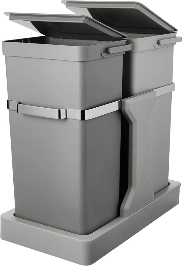 Waste bin, EKO, grey, plastic/steel, 2-compartment, 20+15 l, pull-out system, for source sorting
