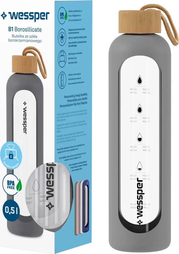 Wessper Γυάλινο Μπουκάλι 500 ml με Μεζούρα και Μοτίβο Παρακίνησης Γκρι