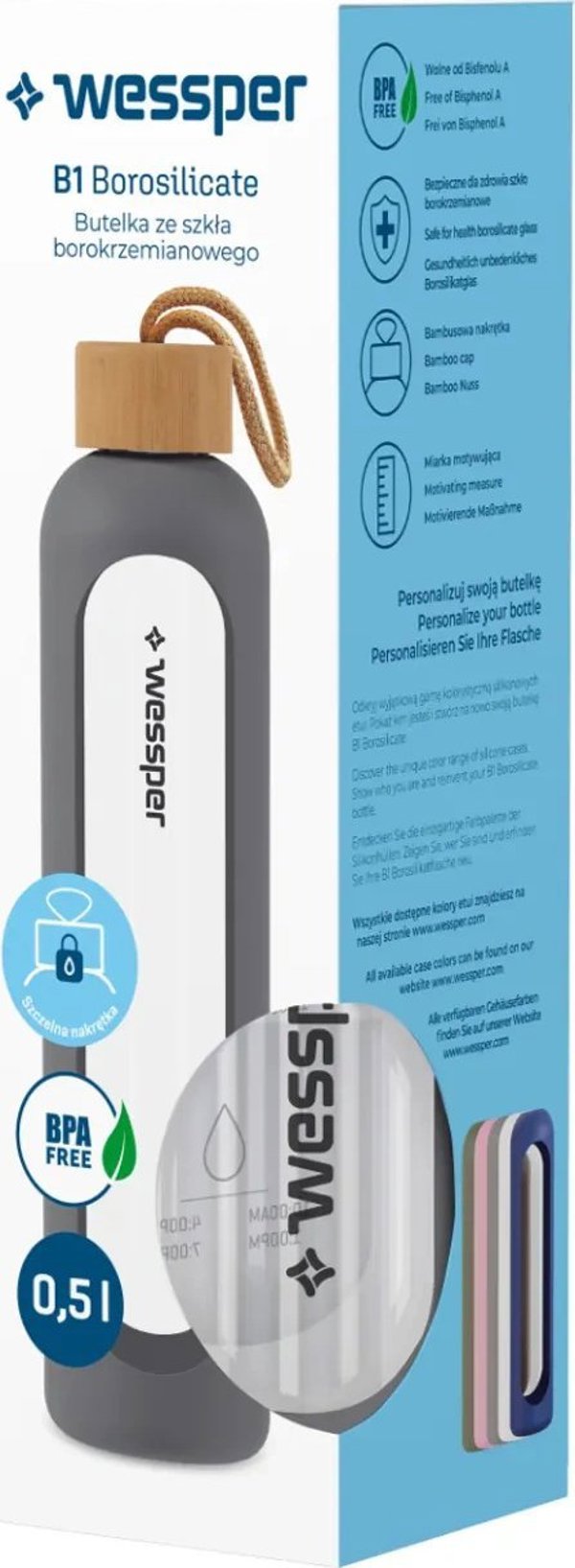 Wessper Γυάλινο Μπουκάλι 500 ml με Μεζούρα και Μοτίβο Παρακίνησης Γκρι