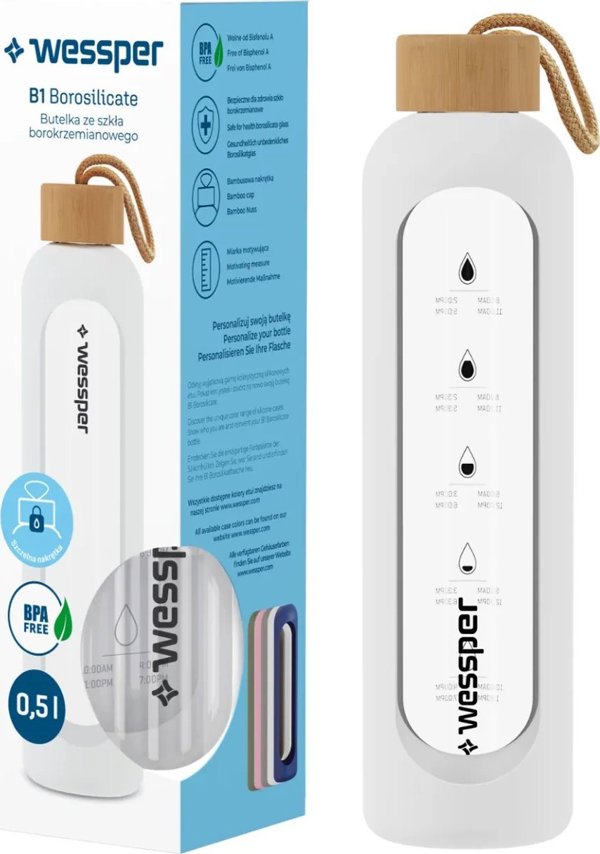 Wessper Wessper B1 Borosilicate 500 ml Szklana butelka na wode z miarka motywacyjna z bialym etui