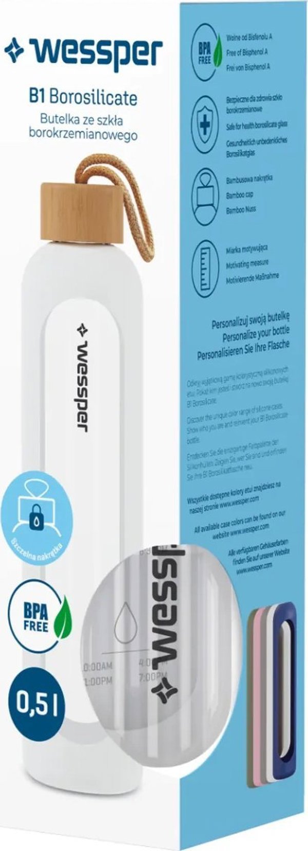 Wessper Wessper B1 Borosilicate 500 ml Szklana butelka na wode z miarka motywacyjna z bialym etui