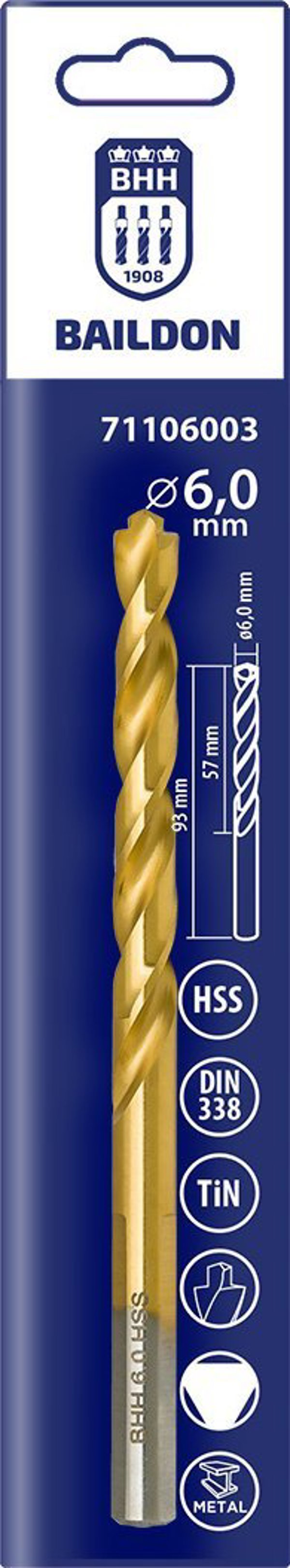 Τρυπάνι για μέταλλο Baildon DIN 338 RN 6 mm, HSS TiN (S), 93-57 mm (λαβή 3-επίπεδη)