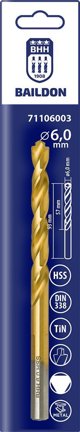 Τρυπάνι για μέταλλο Baildon DIN 338 RN 6 mm, HSS TiN (S), 93-57 mm (λαβή 3-επίπεδη)
