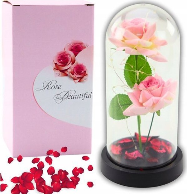 Wieczne Roze w Kopule z Oswietleniem LED i Platkami Rozowe 21x11cm
