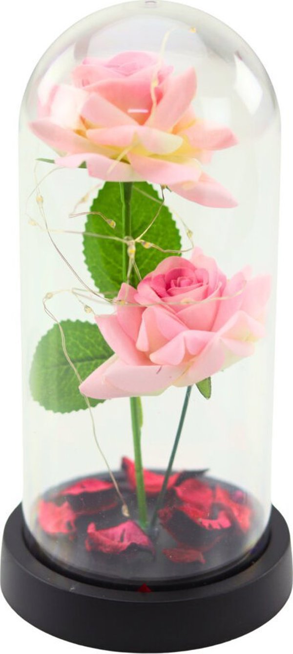 Wieczne Roze w Kopule z Oswietleniem LED i Platkami Rozowe 21x11cm
