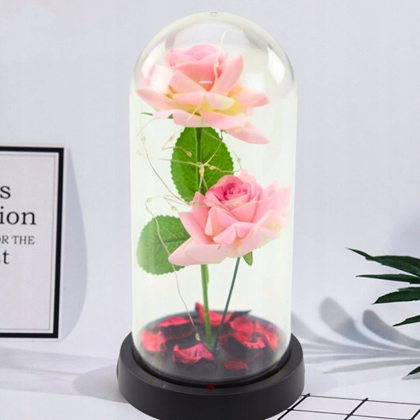 Wieczne Roze w Kopule z Oswietleniem LED i Platkami Rozowe 21x11cm