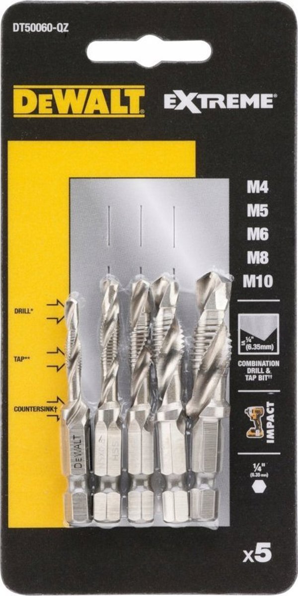 DeWalt DT50060 Σετ Τρυπάνια & Κολαούζα 5τμχ M4-M10, Υποδοχή 1/4" Hex, 3 σε 1 για Διάτρηση, Τρύπημα και Βύθισμα