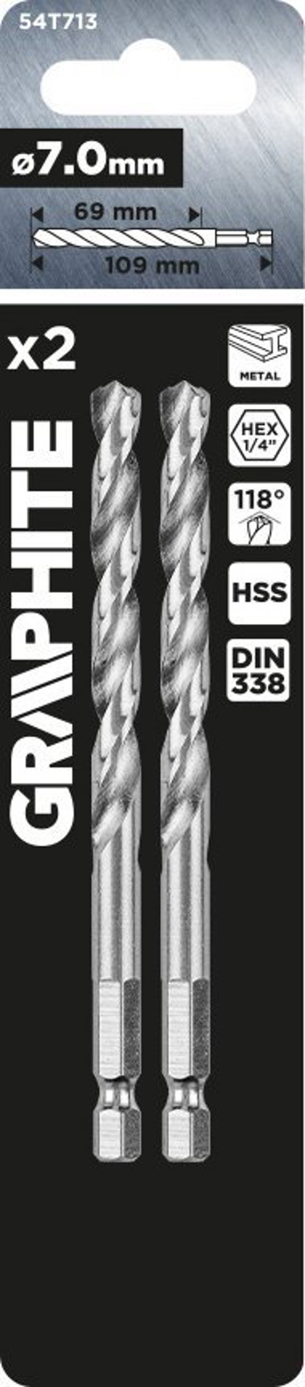 GRAPHITE Τρυπάνι Μετάλλου Hex 7.0mm, Σετ 2 Τεμαχίων
