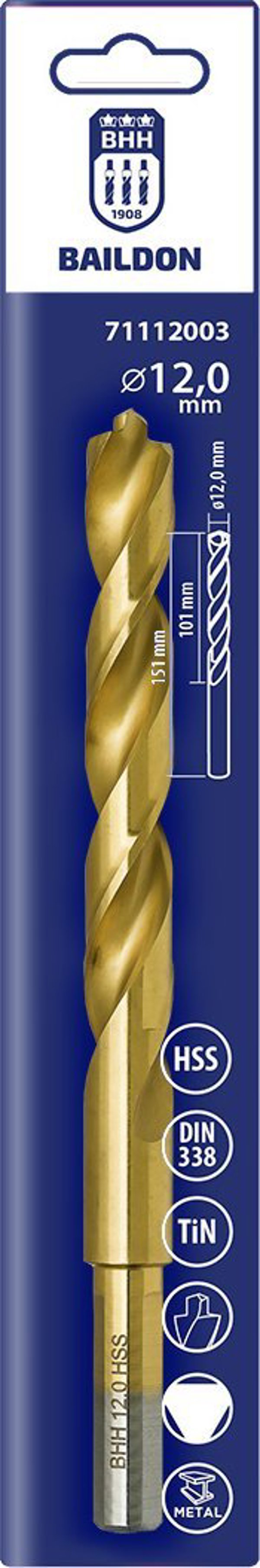 Τρυπάνι για μέταλλο Baildon DIN 338 RN 12 mm, HSS TiN (S), 151-101 mm (λαβή 3-επίπεδη)