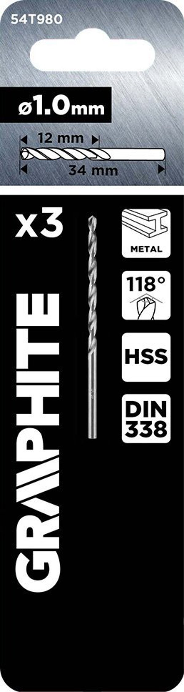 Τρυπάνι Μετάλλου Graphite HSS DIN 338, 1 mm, 3 Τεμάχια