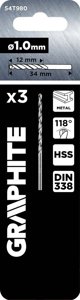 Τρυπάνι Μετάλλου Graphite HSS DIN 338, 1 mm, 3 Τεμάχια