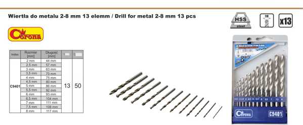 Τρυπάνι Corona HSS κυλινδρικό 2 7 4,5 4 5,5 5 3 2,5 3,5 6 6,5 7,5 8mm σετ (C9401)