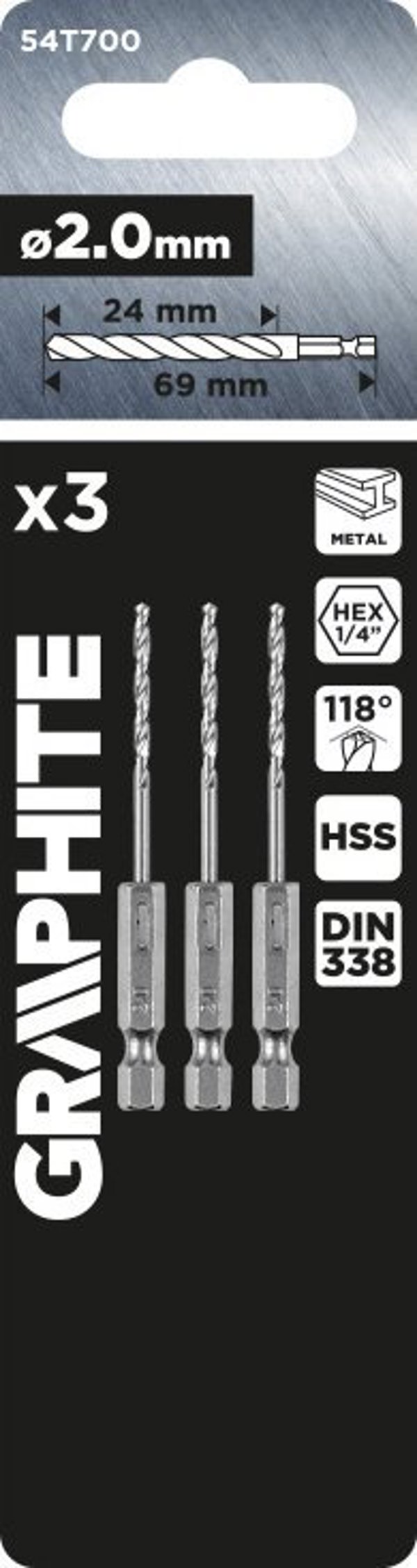 Graphite Τρυπάνι Μετάλλου Hex 2.0 mm, Σετ 3 Τεμαχίων