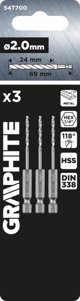 Graphite Τρυπάνι Μετάλλου Hex 2.0 mm, Σετ 3 Τεμαχίων
