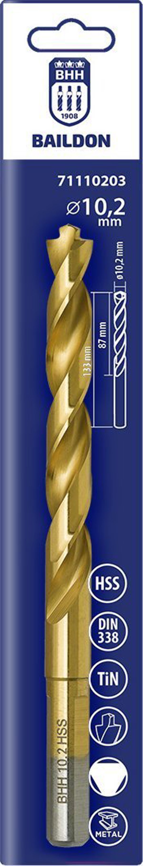 Τρυπάνι για μέταλλο Baildon DIN 338 RN 10,2 mm, HSS TiN (S), 133-87 mm (λαβή 3-επίπεδη)