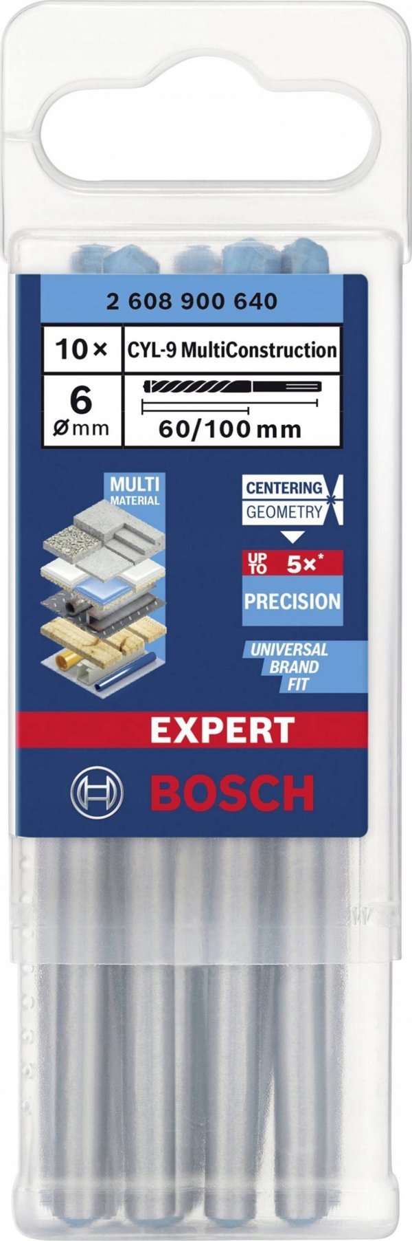 Bosch Expert CYL-9 MultiConstruction Τρυπάνι Πολλαπλών Υλικών, 6mm, 10 Τεμάχια, Μήκος Εργασίας 60mm