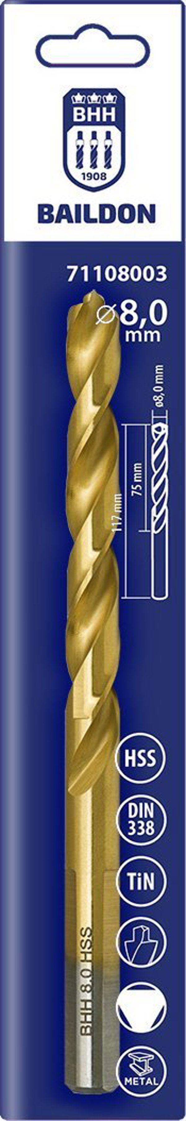 Τρυπάνι για μέταλλο Baildon DIN 338 RN 8 mm, HSS TiN (S), 117-75 mm (λαβή 3-επίπεδη)