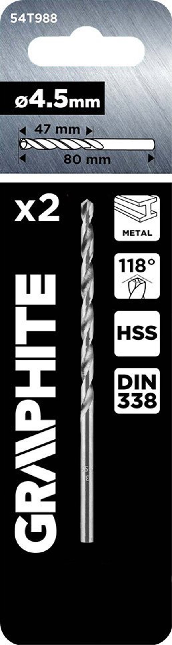 Graphite Τρυπάνια HSS για Μέταλλο DIN 338, 4.5mm, 2 Τεμάχια