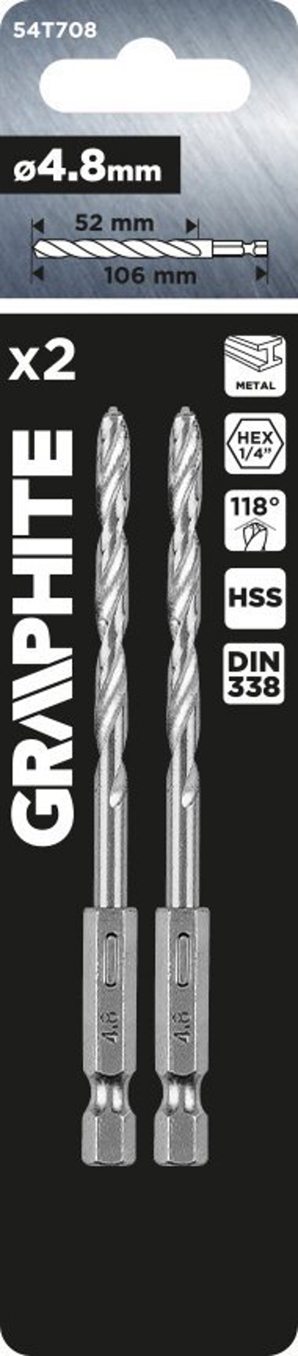 Graphite Τρυπάνι Μετάλλου Hex 4.8mm, Σετ 2 Τεμαχίων