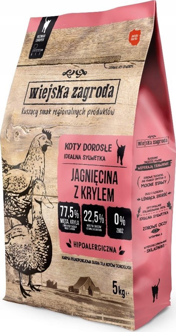 Wiejska Zagroda Ξηρά Τροφή Γάτας, Αρνί με Κριλ, Για Ενήλικες & Στειρωμένες Γάτες, 5kg