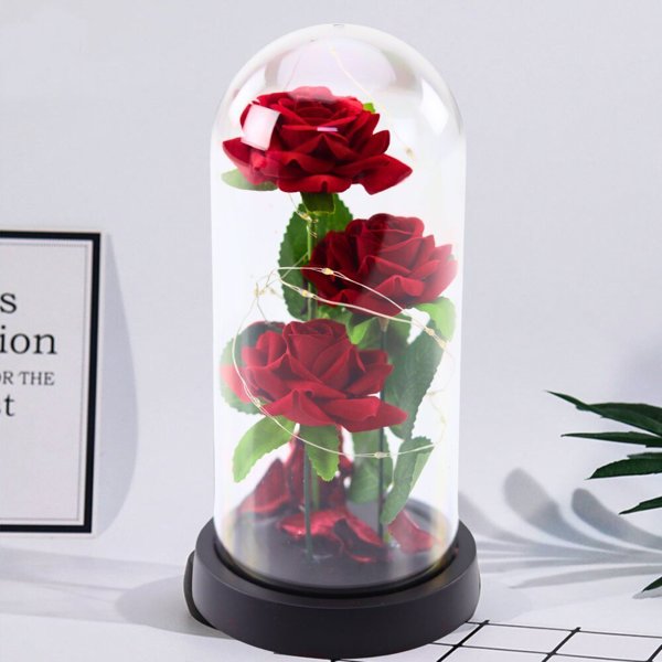 Wieczne 3 Roze w Kopule z Oswietleniem LED i Platkami Roz Czerwone 21x11cm