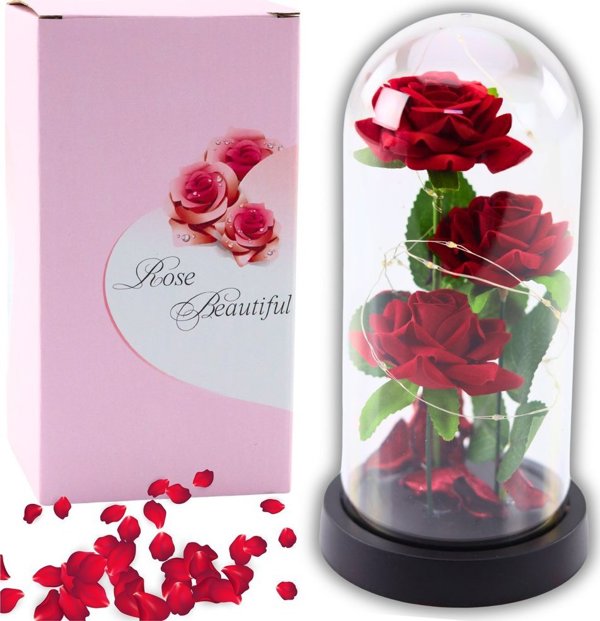 Wieczne 3 Roze w Kopule z Oswietleniem LED i Platkami Roz Czerwone 21x11cm