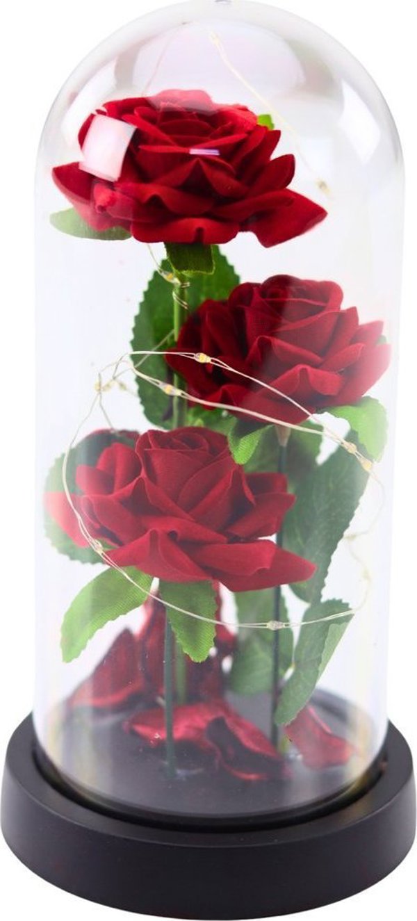 Wieczne 3 Roze w Kopule z Oswietleniem LED i Platkami Roz Czerwone 21x11cm