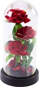 Wieczne 3 Roze w Kopule z Oswietleniem LED i Platkami Roz Czerwone 21x11cm