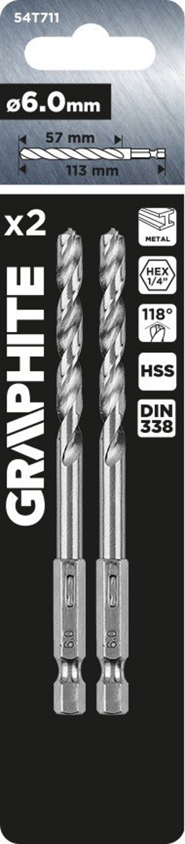 Graphite Τρυπάνι Μετάλλου HSS Hex 6,0 mm, Σετ 2 Τεμαχίων
