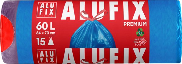 Σακούλες σκουπιδιών ALUFIX με κορδέλα, LDPE, 60 λίτρα, 15 τεμ., μπλε