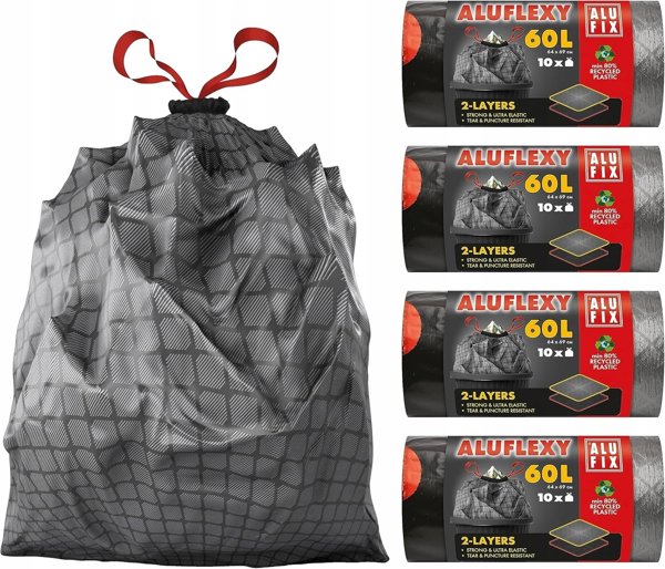 Σακούλες απορριμμάτων ALUFIX Aluflexy, με ταινία, LDPE, 60l, 10 τεμ., ατσάλι χρώμα