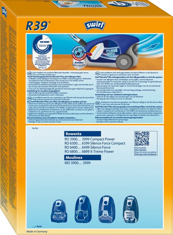 Melitta Σακούλες Ηλεκτρικής Σκούπας Swirl R39 MicroPor Plus AntiBac, 4 Τεμάχια + 1 Φίλτρο, για Rowenta & Moulinex