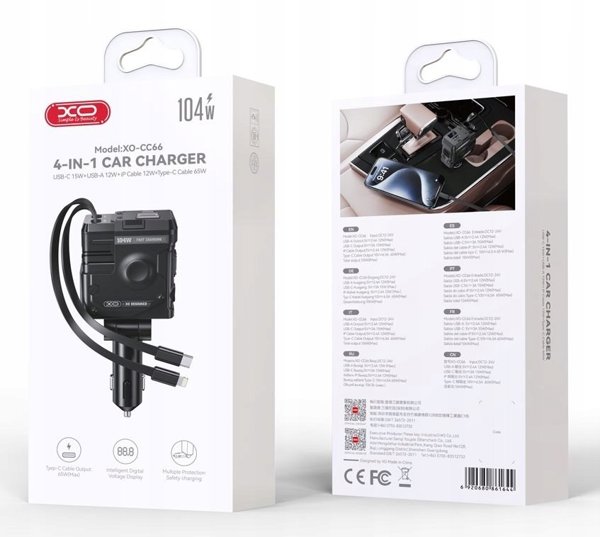 Φορτιστής αυτοκινήτου XO CC66 104W 1x USB 1x USB-C μαύρος με καλώδιο USB-C και καλώδιο Lightning 6920680861644