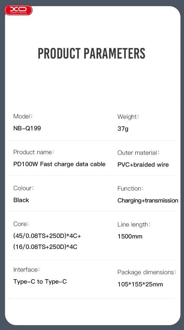 XO cable NB-Q199 PD USB-C - USB-C 1,5m 100W black