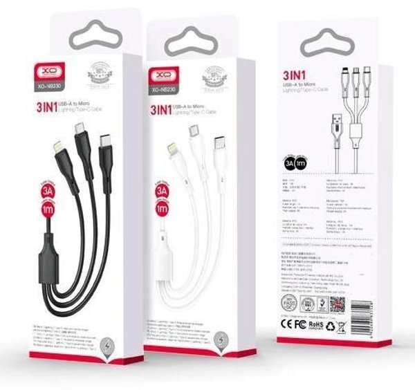 XO καλώδιο NB230 3σε1 USB - Lightning + USB-C + microUSB 1,0m 2,4A μαύρο 6920680833528