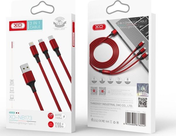 XO cable NB173 3in1 USB - Lightning + USB-C + microUSB 1,2 m 2,4A red 6920680876242
