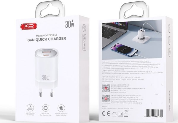 Φορτιστής τοίχου XO CE21 PD 30W 1x USB-C 1x USB λευκός 6920680853892