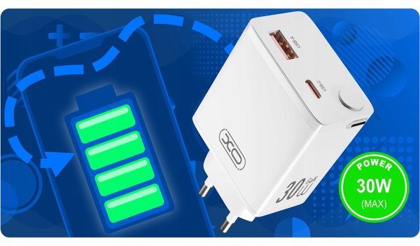 XO wall charger CE31 1x USB 1x USB-C 30W white with retractable USB-C cable 6920680819478