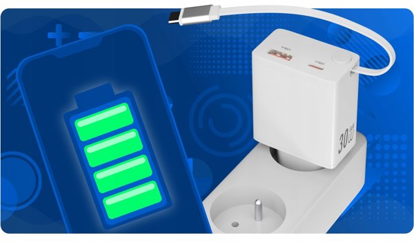 XO wall charger CE31 1x USB 1x USB-C 30W white with retractable USB-C cable 6920680819478