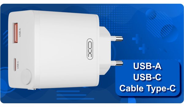 XO wall charger CE31 1x USB 1x USB-C 30W white with retractable USB-C cable 6920680819478