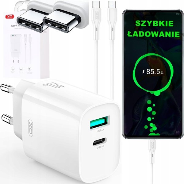 XO wall charger CE29 PD 20W 1x USB-C 1x USB white + cable USB-C - USB-C