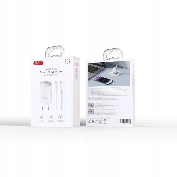 Φορτιστής τοίχου XO CE21 PD 30W 1x USB-C 1x USB λευκός + καλώδιο USB-C - USB-C 6920680853915