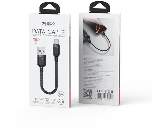 yesido Kabel CA131C 18W USB-TC 0.3m 2.4A, BLACK / CZARNY