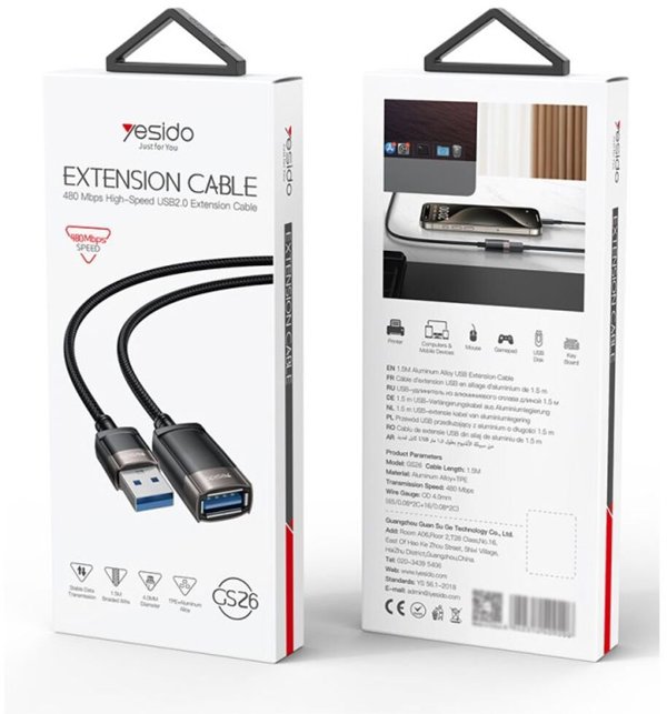 yesido Kabel GS26 USB Male - USB Female 1.5m USB2.0, BLACK / CZARNY